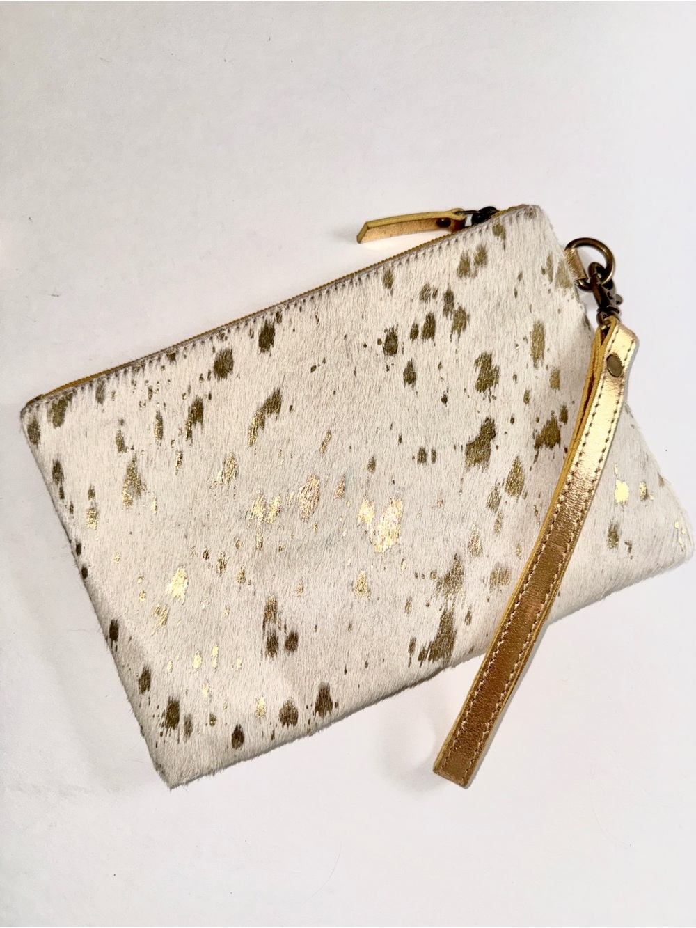 Mesa Luna Genuine Cowhide Wristlet Clutch Bag Cream Gold Metallic Speckled Small - Picture 2 of 5